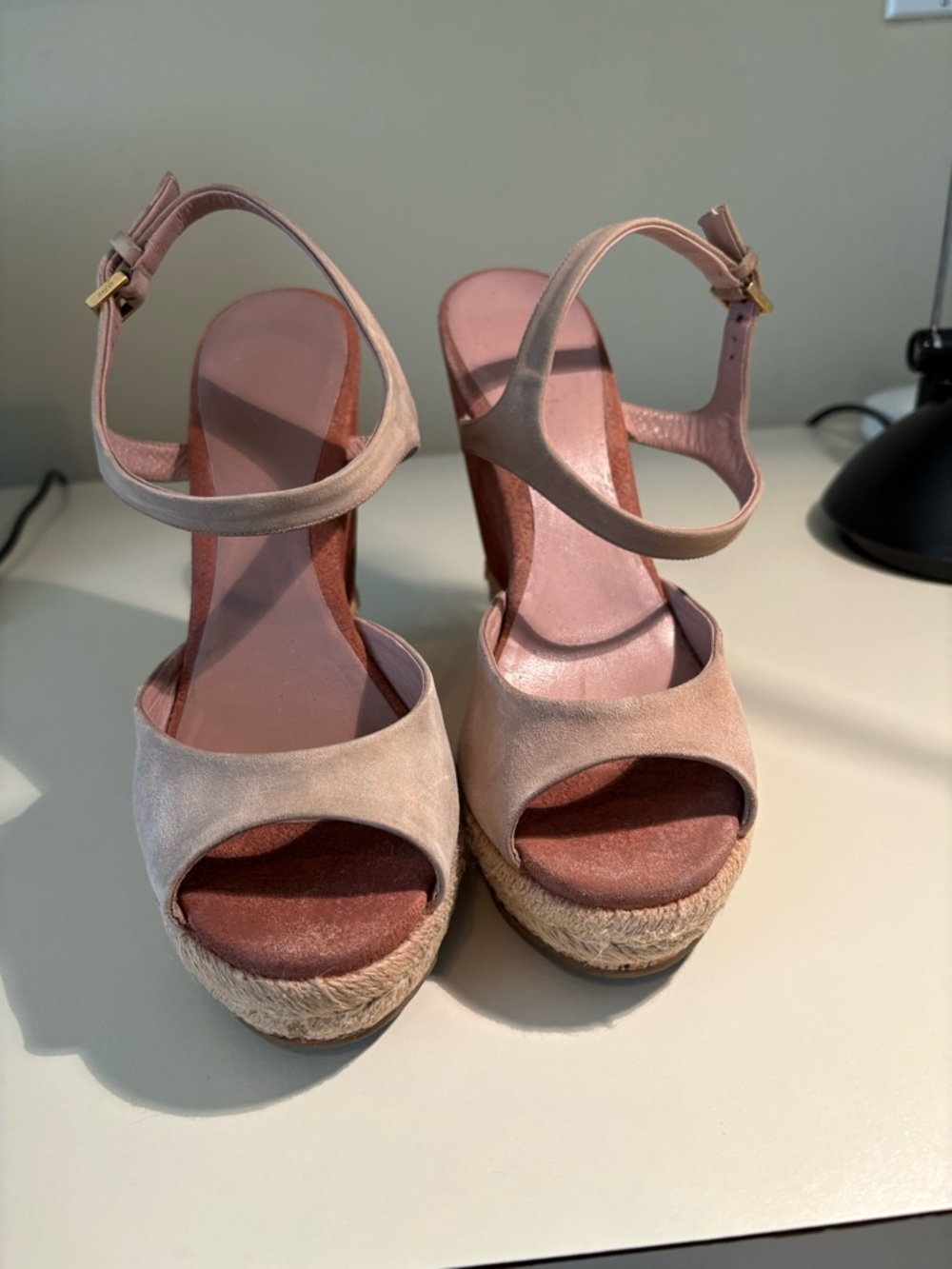 Gucci Dusty Pink Suede GG Wedge Espadrille Sandals 37.5 - Picture 12 of 12
